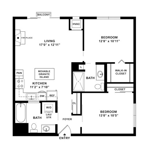Floor plan for 2 beds, 2 baths, 925 sqft